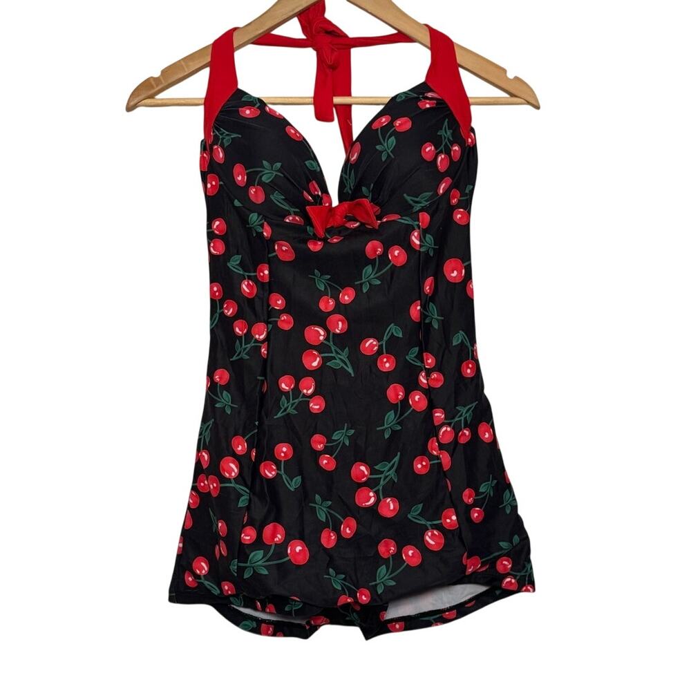 Pin-Up Cherry Print Halter Neck Size Large Romper Style Swimsuit Size Large